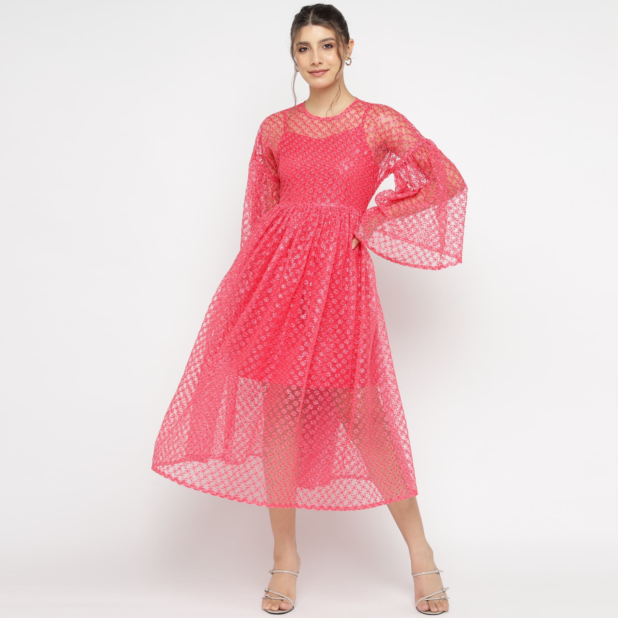 Flared Sheer Midi Dress in Hot Pink
